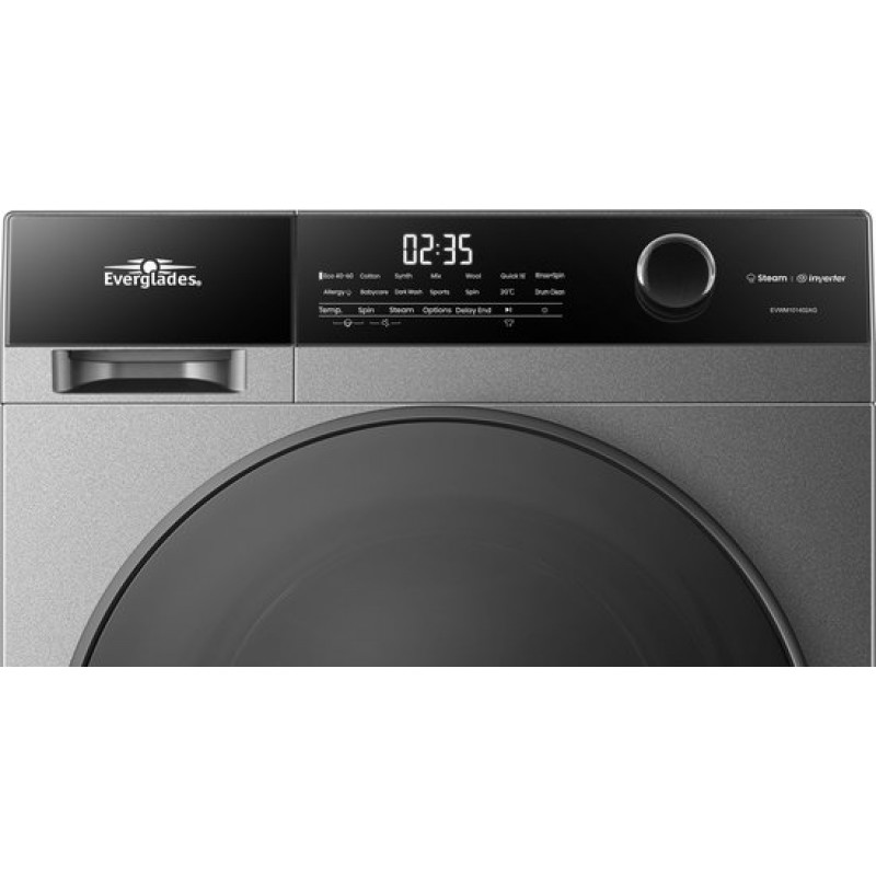 Everglades EVWM101402AG Zuinige Wasmachine - 10KG - A Klasse - Stoomfuncties - Koolborstelloze Motor - Zeer Stil 72dB - Titanium Grijs