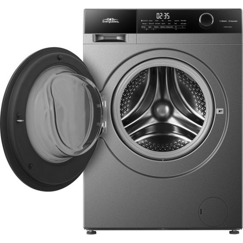 Everglades EVWM101402AG Zuinige Wasmachine - 10KG - A Klasse - Stoomfuncties - Koolborstelloze Motor - Zeer Stil 72dB - Titanium Grijs