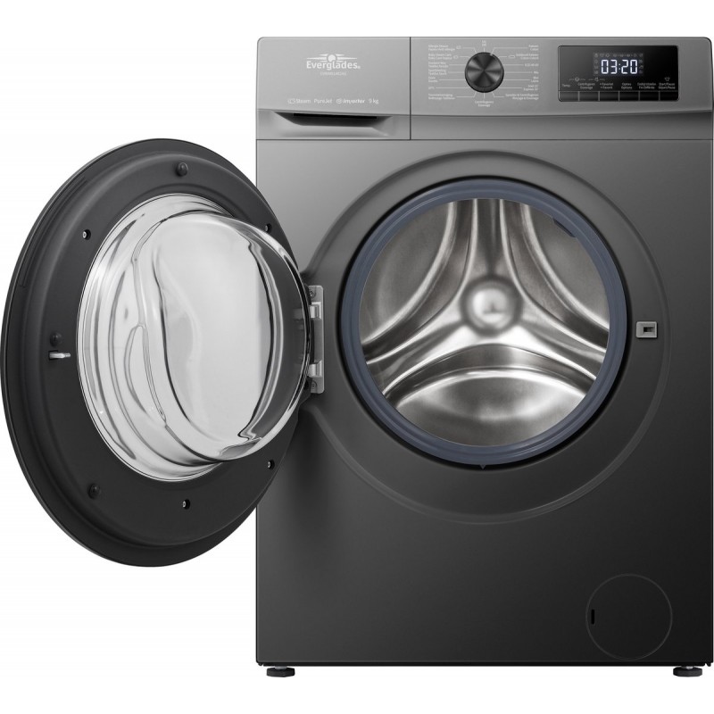 Everglades EVWM91402AG Zuinige Wasmachine - 9KG - A Klasse - Stoomfuncties - Koolborstelloze Motor - Zeer Stil 72dB - Titanium Grijs 