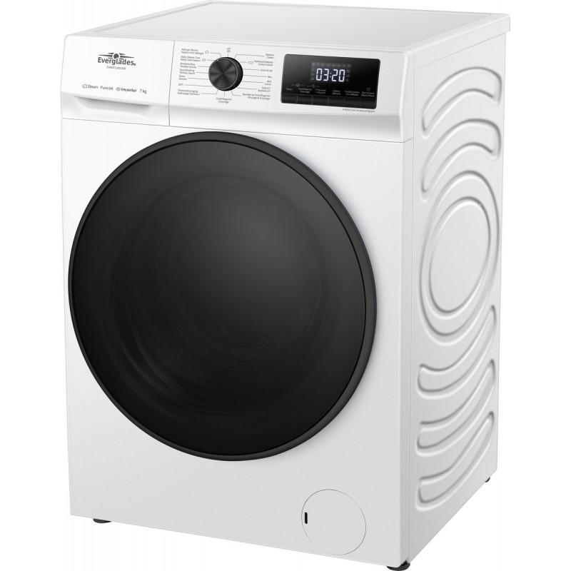 Everglades EVWM71401AW Zuinige Wasmachine - 7KG - A Klasse - Stoomfuncties - Koolborstelloze Motor - Zeer Stil 72dB - Helder Wit