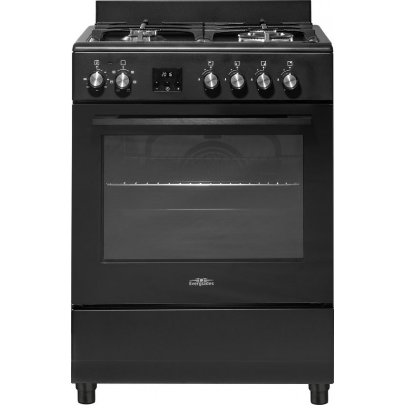 Everglades EVCK6020 - Gasfornuis - Mat Zwart - 60CM - Hoogte 89 - 92CM - Gietijzeren Pannendragers - Wokbrander - Digitale Timer - 8 Ovenstanden - Hete Lucht Oven - 56 Liter