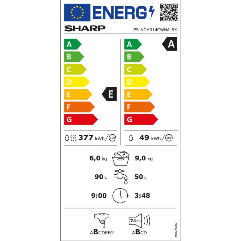 Sharp-ESNDH914CWNABX - was-droogcombinatie - 9kg wassen - 6kg drogen