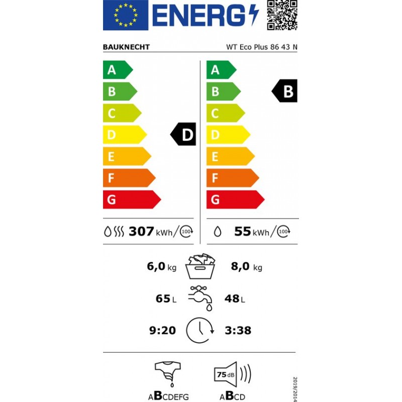 Bauknecht WT Eco Plus 86 43 N, Voorbelading, Vrijstaand, Wit, Links, Wit, 6 kg