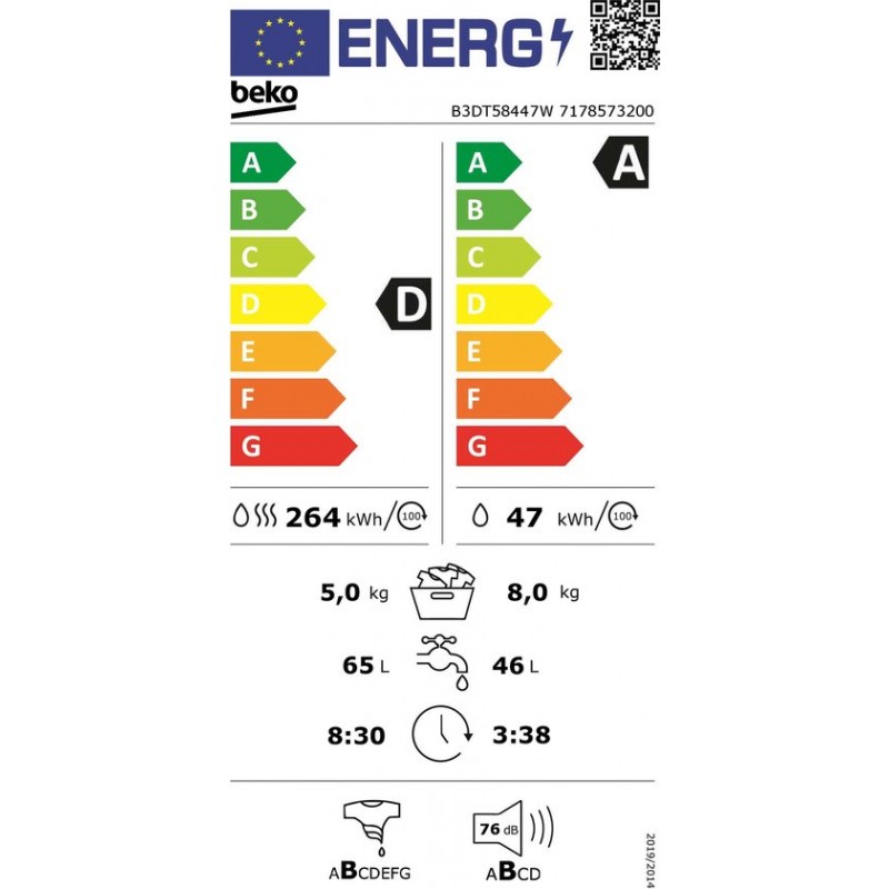 Beko B3DT58447W - Was-droogcombinatie - 5-8 kg