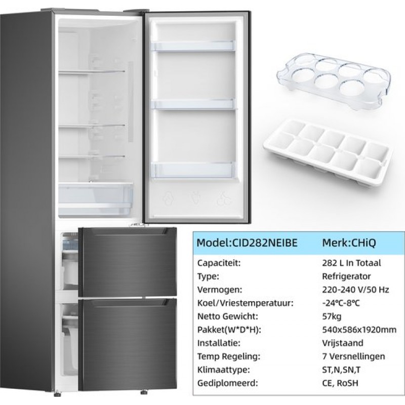 CHiQ CID282NEIBE - Koel-vriescombinatie - 282 Liter - No Frost - Inverter Compressor - LED Display - 37 dB - 3 Deuren 