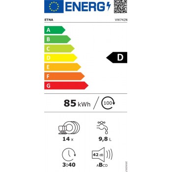 ETNA VW742N - Inbouw vaatwasser 60cm - Volledig geïntegreerd - Energieklasse D - Geluidsniveau 42 dB - 14 couverts - LED binnenverlichting - Self clean