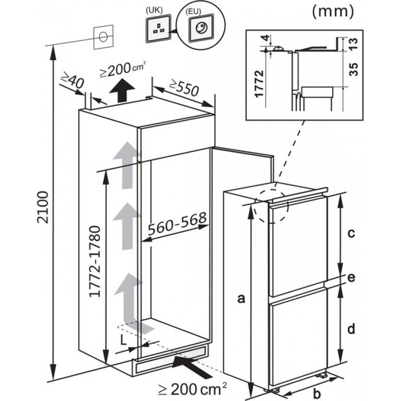 Everglades EVBI6032 - Inbouw Koel-vriescombinatie - No Frost - E - Elektronisch - Super Freeze - Wijnrek - Sleep Deur