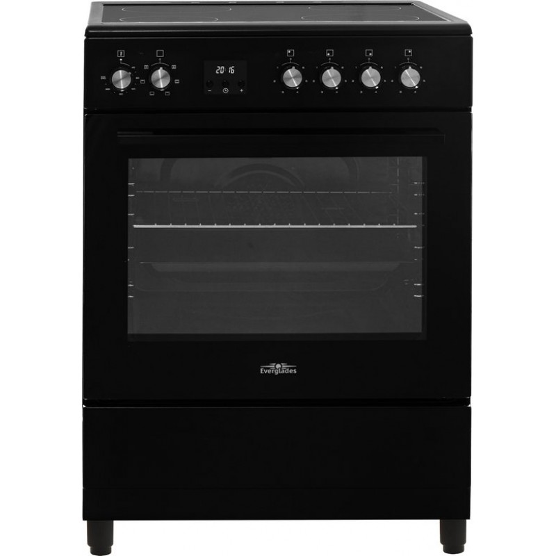Everglades EVCK6135 - Keramisch Fornuis - Mat Zwart - 60CM - Hoogte 89 - 92CM - Digitale Timer - 56 Liter - 6 Ovenstanden - Side Wire Rack - Hoogte 89 - 92CM - Telescopische Metalen Poten