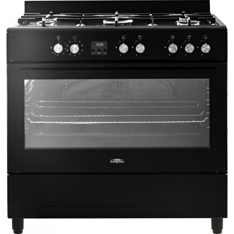 Everglades EVCK9020 - Gasfornuis - Mat Zwart - 90CM - 9 Ovenstanden - Gietijzeren Pannendragers - Wokbrander - Digitale Timer