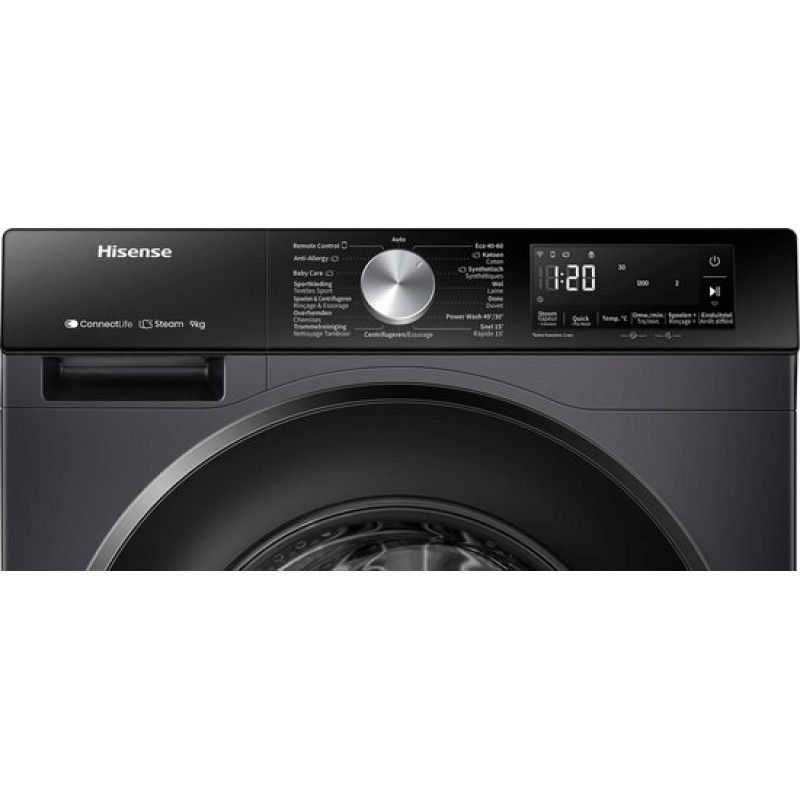 Hisense 3S Serie WF3S9043BB3 - Zwarte Wasmachine met Energielabel A - 9kg - 72dB (A) - Steam Wash -1400 toeren - Power Wash 49- ConnectLife
