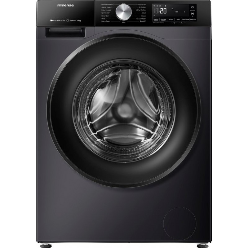 Hisense 3S Serie WF3S9043BB3 - Zwarte Wasmachine met Energielabel A - 9kg - 72dB (A) - Steam Wash -1400 toeren - Power Wash 49- ConnectLife