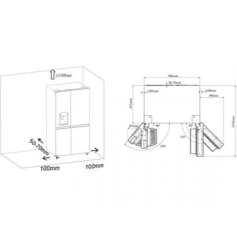 Hisense RS818N4IFD- Amerikaanse koelkast - Energielabel D - Vaste Wateraansluiting - Water- & ijsdispenser - Metal Cooling - No Frost - RVS - Multi-Air Flow - Fast Freeze - 35dB (A) - Inverter Compressor - 632 Liter