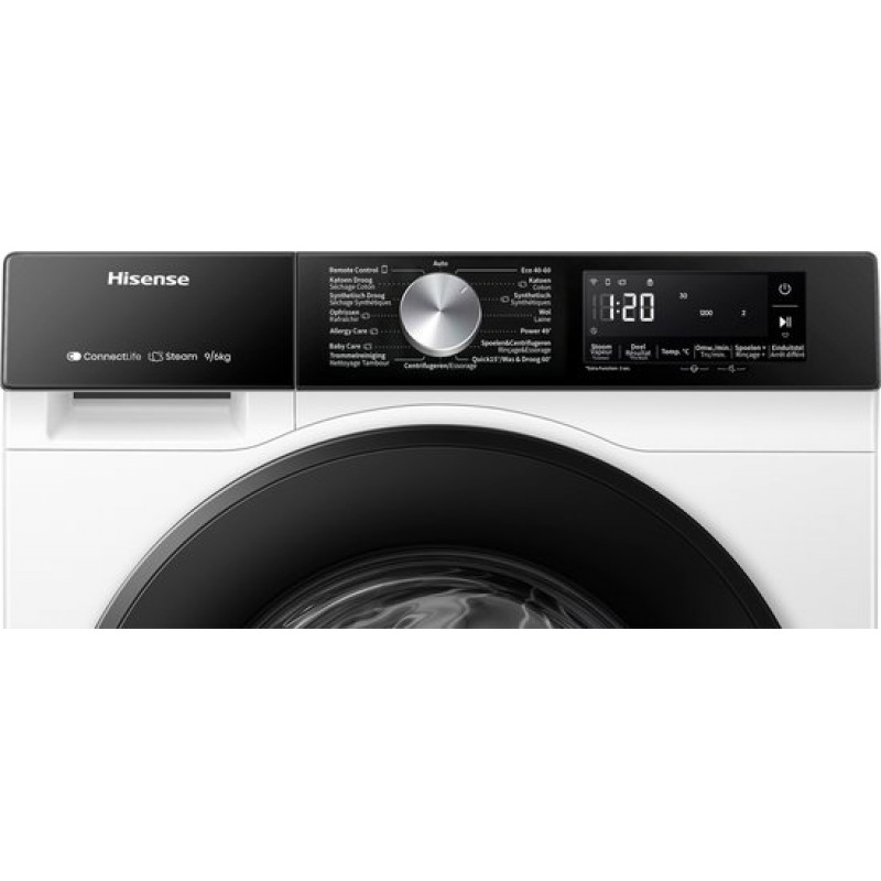 Hisense WD3S9043BW3 - Was-droogcombinatie - Energieklasse A (-30) - 9 kg wassen / 6 kg drogen - 1400 toeren - Connectlife WiFi - Stoomfunctie - LED display - Inverter motor - Wit
