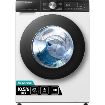 Hisense WD5S1045BW Wasmachine, 2-in-1, met stoom, voorlading: 10,5 kg, wassen, 6 kg drogen, 1400 omw/min, efficiënte inverter-motor, anti-trillingssysteem, XL-deur, groot led-display