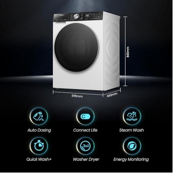 Hisense WD5S1045BW Wasmachine, 2-in-1, met stoom, voorlading: 10,5 kg, wassen, 6 kg drogen, 1400 omw/min, efficiënte inverter-motor, anti-trillingssysteem, XL-deur, groot led-display