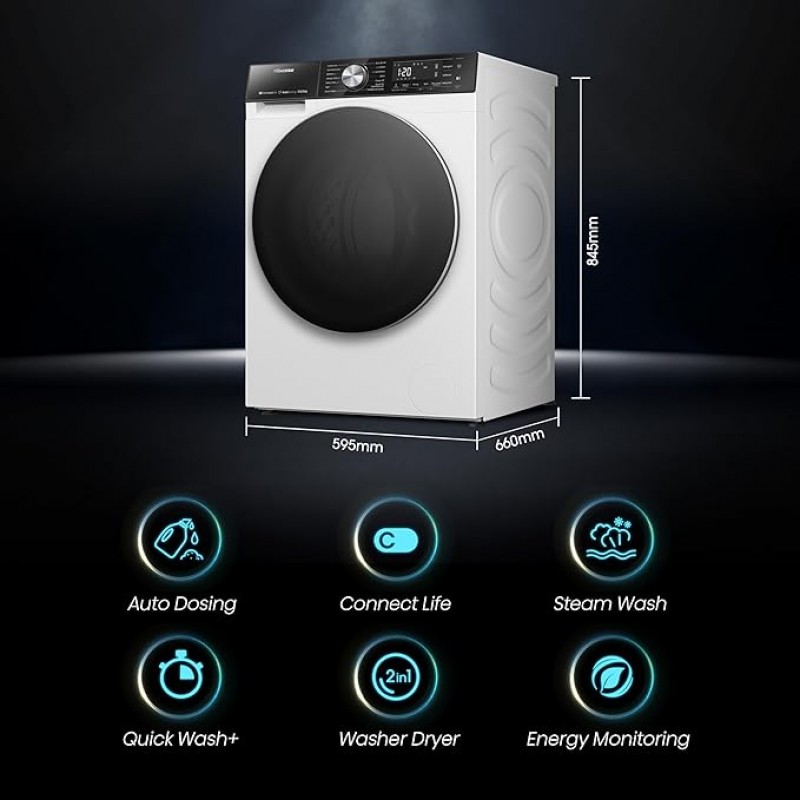 Hisense WD5S1045BW Wasmachine, 2-in-1, met stoom, voorlading: 10,5 kg, wassen, 6 kg drogen, 1400 omw/min, efficiënte inverter-motor, anti-trillingssysteem, XL-deur, groot led-display