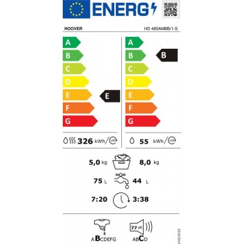 HooverHD 485AMBB/1-S - Was-droogcombinatie - 8+5kg - A/D - Extra stil (77 dB) - Perfect Care - 14 programma’s - Geconnecteerd - 10 jaar garantie op onderdelen