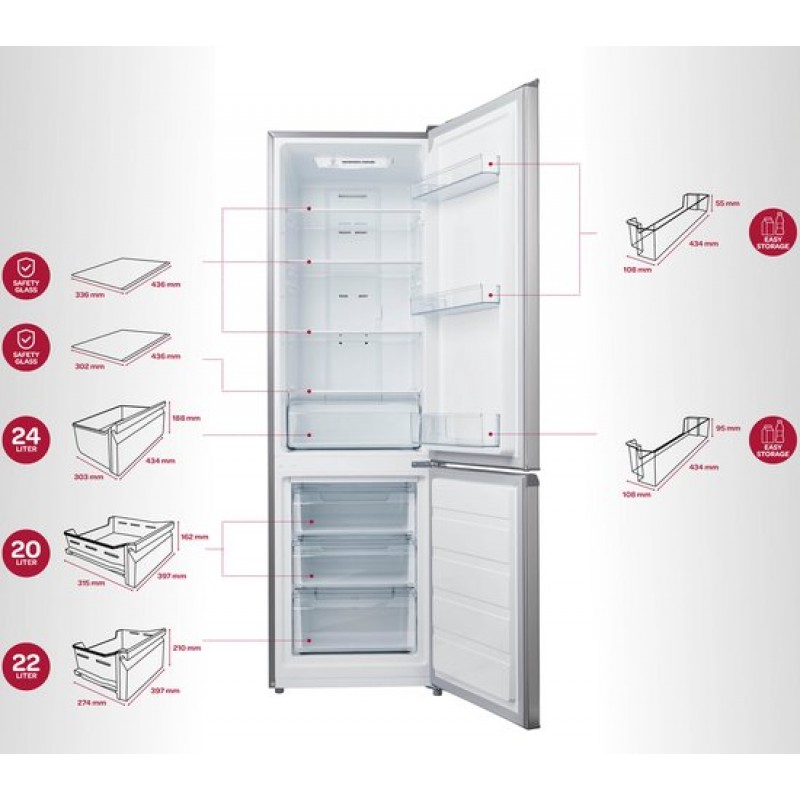 Inventum KV1808R No Frost energiezuinige koel-vriescombinatie - 180 cm hoog - 270 liter - Superkoelen - Supervriezen - Energielabel D - Vrijstaand - RVS