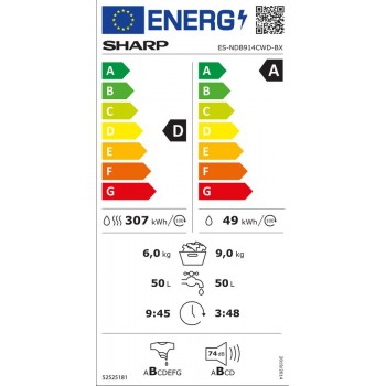 Sharp ESNDB914CWDBX - Was-droogcombinatie - 9Kg wassen - 6Kg drogen - Energieklasse A-D - WIT