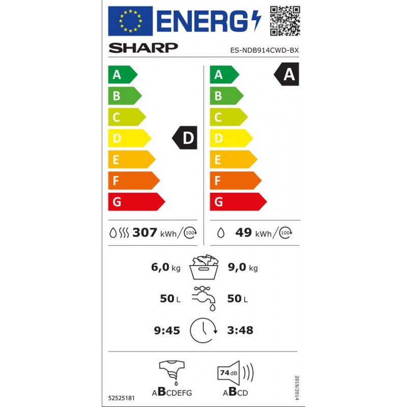Sharp ESNDB914CWDBX - Was-droogcombinatie - 9Kg wassen - 6Kg drogen - Energieklasse A-D - WIT