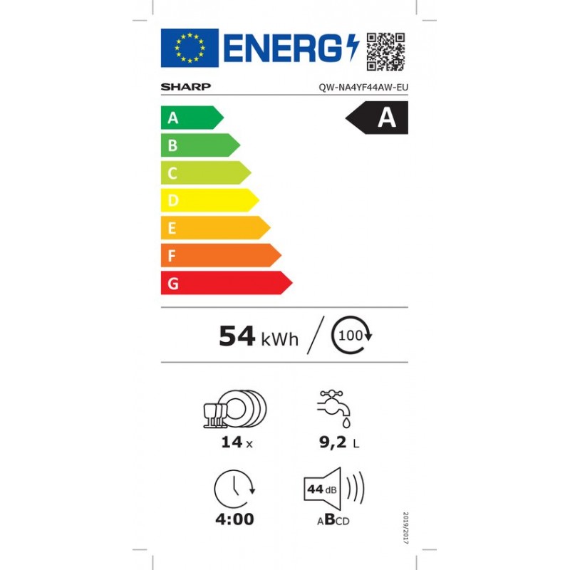 Sharp QWNA4YF44AWEU - vrijstaande vaatwasser - energie label A - 14 couverts - besteklade + topsproeier - wit